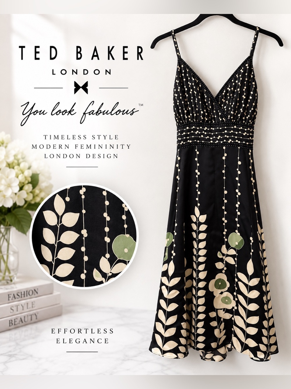 Ted Baker London 100% Silk Black Botanical Floral Midi Dress Sz 4